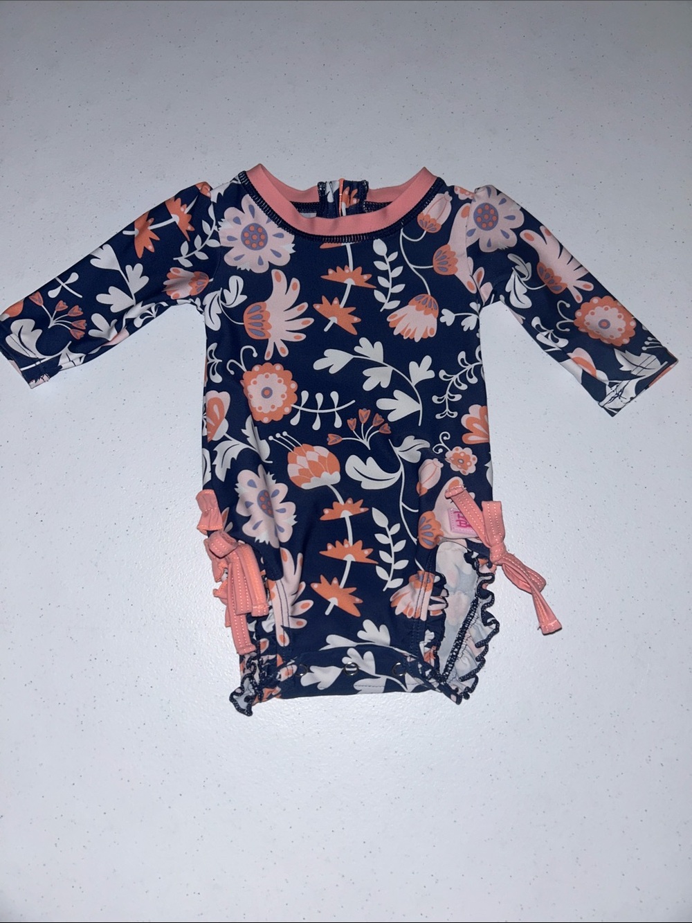 Ruffle Butts Baby Girl Long Sleeve Navy Pink Floral One Piece Swimsuit 0-3 Month